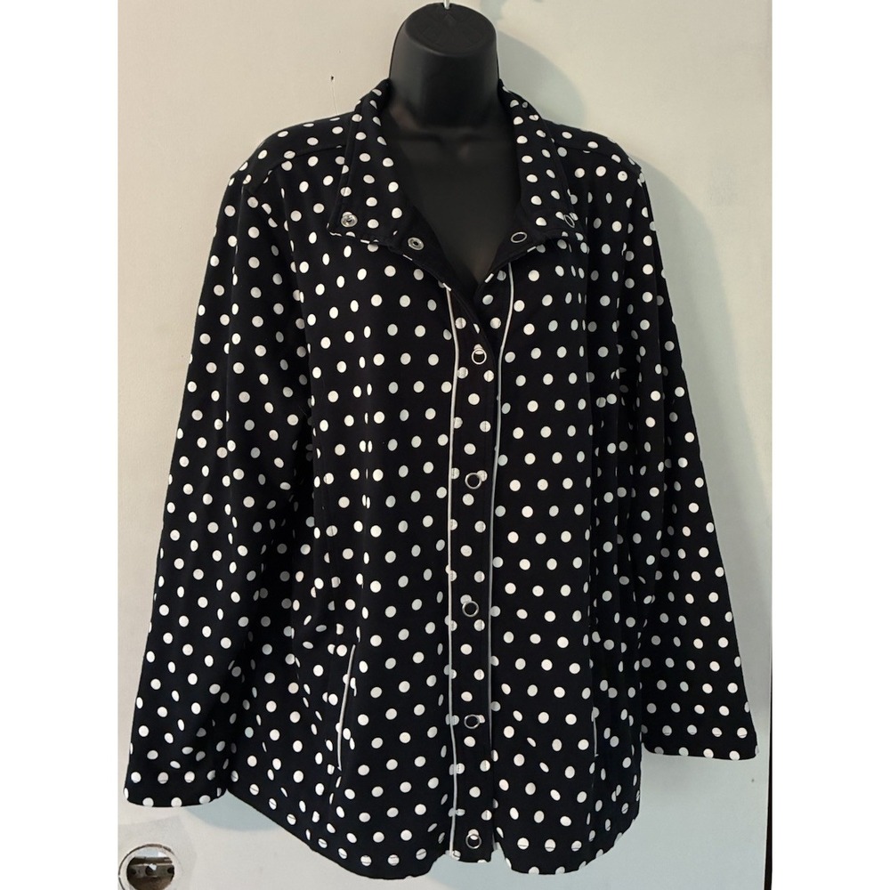 Quacker Factory Black White Polka Dot XL  Jacket Pockets Classic Snap Shut
